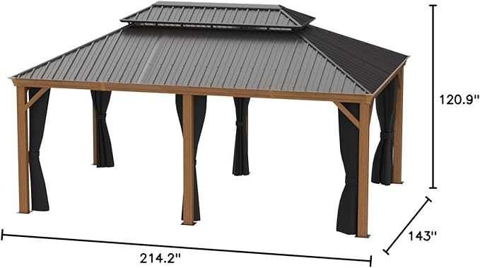 PURPLE LEAF 12' X 18' Outdoor Hardtop Gazebo for Patio Galvanized Steel Double Roof Permanent Canopy Teak Finish Coated Aluminum Frame Pavilion Gazebo with Netting