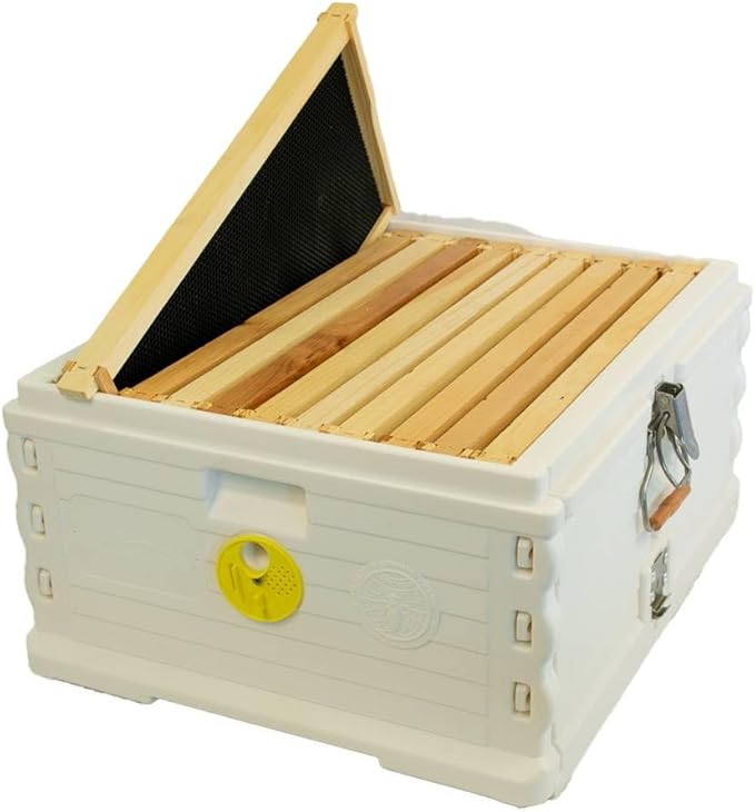 Apimaye Insulated Deep Super with 10 Wood Frames with Premier Double Waxed Foundation. (White Body Yellow Entrance)