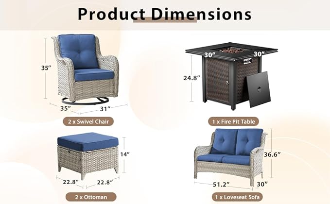 6 Pieces Patio Furniture Set with Fire Pit Table, Wicker Rattan Outdoor Furniture Set with Loveseat and Swivel Chairs for Yard, Deck, Garden, Light Beige Wicker/Blue Cushion