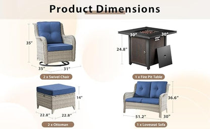 6 Pieces Patio Furniture Set with Fire Pit Table, Wicker Rattan Outdoor Furniture Set with Loveseat and Swivel Chairs for Yard, Deck, Garden, Light Beige Wicker/Blue Cushion