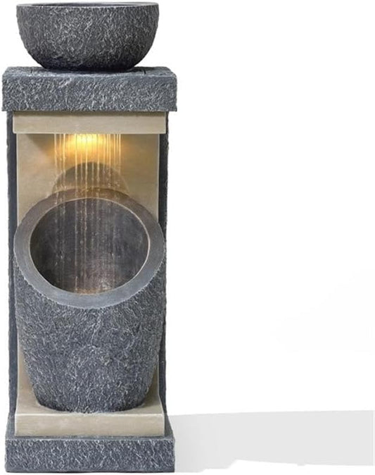 LuxenHome Water Fountain Outdoor, 32 Inch Resin Cascading Water Fountains Indoor with LED Lights, Modern Garden Decor, Small Waterfall Fountain, Outdoor Fountains and Waterfalls Garden Decor