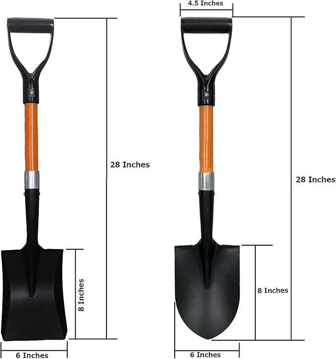 Round Shovel (1 Pack) and Square Shovel (1 Pack), 27 Inches in Length with D-Cup Mini Handle Shovels, Sturdy Build and Easy to use, Firm and Comfortable Durable Handle, Built to Last