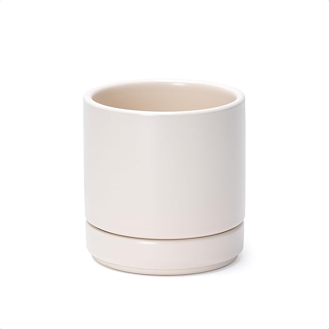D'vine Dev 4.7 Inch Ceramic Planter Pot with Drainage Hole and Saucer, Indoor Cylinder Round Planter Pot, Oatmeal, 94-O-B-8