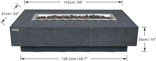 Elementi | Hampton Gas Fire Pit Cast Concrete 56" Rectangular Fire Table, Outdoor Fire Pit Electronic Ignition | Canvas Cover, Lava Rock Included | Dark Gray (Natural Gas)