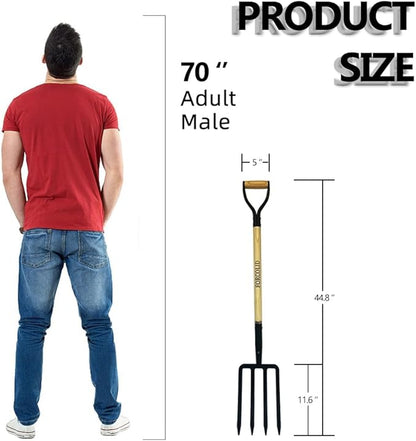 Garden Fork, 4-Tine Spading Digging Fork, Pitch Fork-45Inch, Forged Steel Y-Grip, Wood Handel
