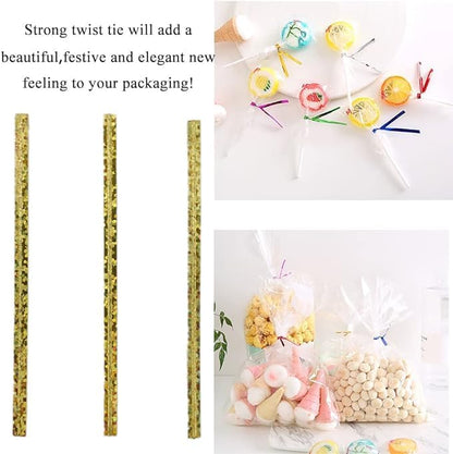 HAHIYO 300Pcs 4inches Holographic Gold Metal Twist Ties Bread Candy Coffee Bag Ties Plant Garden Twist Ties for Cellophane Treat Bags Gift Wraping Bags Plastic Bags Party Cake Present Art Crafts