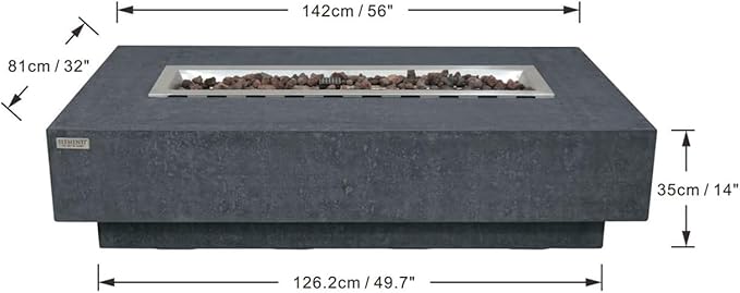 Elementi | Bundle Hampton Gas Fire Pit Cast Concrete 56" Rectangular Fire Table, Outdoor Fire Pit Electronic Ignition | Canvas Cover, Lava Rock Included | Dark Gray (Natural Gas)