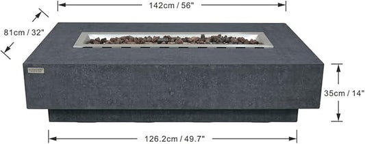 Elementi | Bundle Hampton Gas Fire Pit Cast Concrete 56" Rectangular Fire Table, Outdoor Fire Pit Electronic Ignition | Canvas Cover, Lava Rock Included | Dark Gray (Natural Gas)
