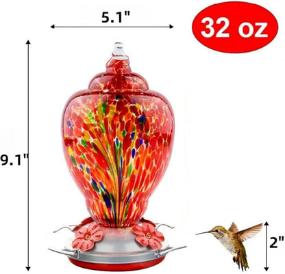 WOSIBO Hummingbird Feeder for Outdoors Patio Large 32 Ounces Colorful Hand Blown Glass Hummingbird Feeder with Ant Moat Hanging Hook, Rope, Brush and Service Card (RED-Firework)