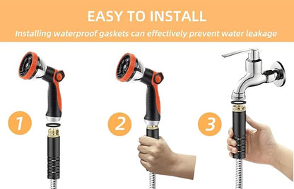 Garden Hose 50FT, Stainless Steel Water Hose with Nozzle, Flexible, Lightweight, Puncture Proof, Never Kink & Tangle, Heavy Duty Garden Hose for Yard and Outdoor