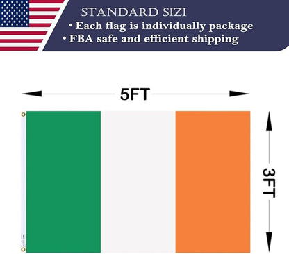 Double Sided Ireland Flag 3x5 Made in USA Outdoor Heavy Duty 3 Ply Polyester Irish Flag with White Starting Tape and 2 Brass Grommets