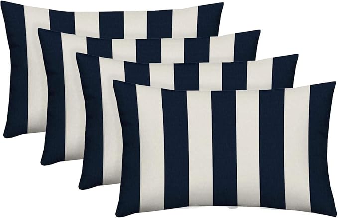RSH DECOR: Lumbar Throw Pillows Set of 4 | 20” x 12" | All-Weather Spun Fabric | Water and Fade-Resistant | Outdoor Support Pillows for Patio Furniture | Navy & White Stripe