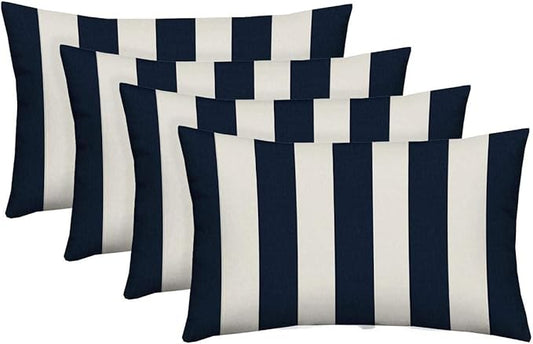 RSH DECOR: Lumbar Throw Pillows Set of 4 | 20” x 12" | All-Weather Spun Fabric | Water and Fade-Resistant | Outdoor Support Pillows for Patio Furniture | Navy & White Stripe