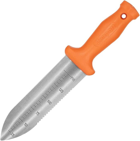 Zenport K246 Deluxe ZenBori Soil Knife with Sheath, 6-Inch Stainless Steel Serrated Blade and Depth Measurement Markings, Orange Handle