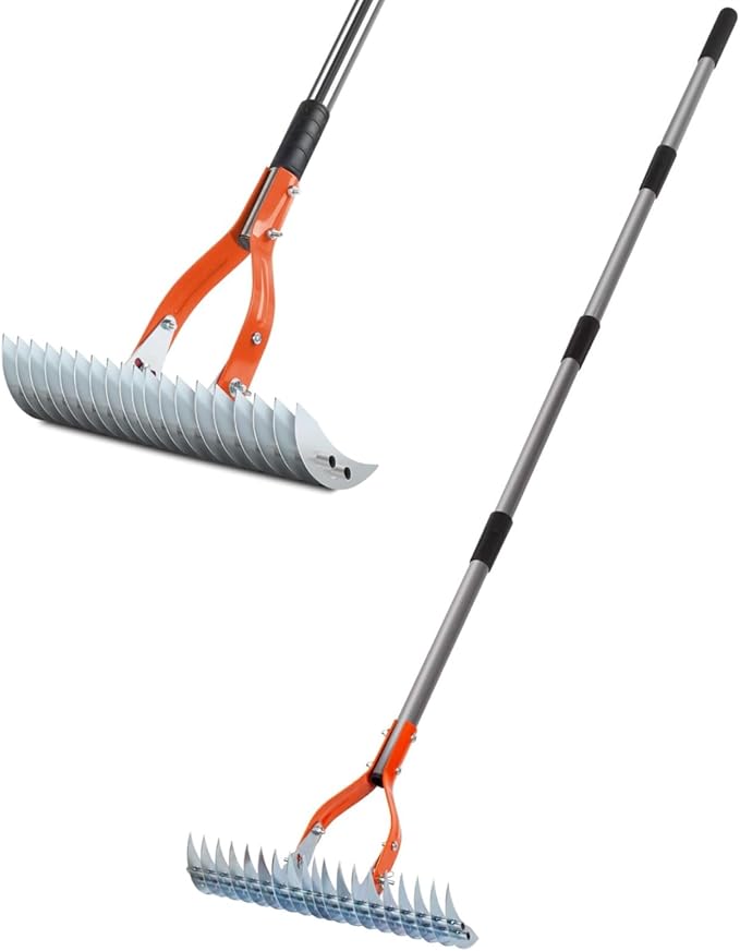 Thatch Rake, 15-Inch Steel Lawn Dethatcher with Handle, Robust Dethatcher Rake, Heavy Duty Grass Cleaning Tool for Dead Grass and Soil Loosening, Yard Garden Durable Soil RAK e