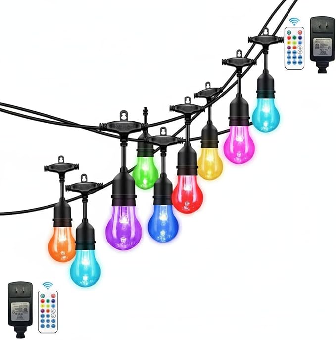 Auroraworld 105FT RGB Outdoor String Lights, Dimmable Color Changing Waterproof LED Patio Lights with Remote, 32 Shatterproof Bulbs for Backyard Garden Party Decor