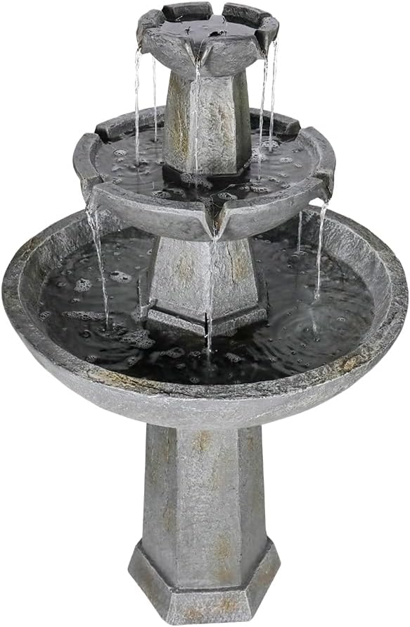 43.3” High Outdoor Water Fountain, 3-Tiers Concrete Outdoor Floor Waterfall Fountain with Pump & Splash Reduction Line for Yard Garden Patio Backyard Deck Relaxation Decor - Grey