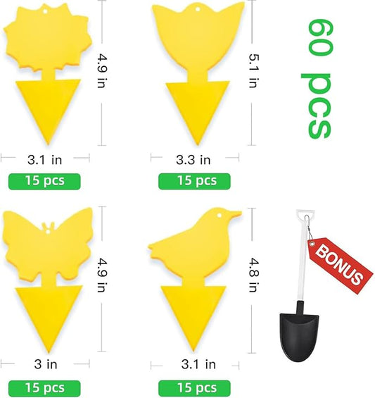 60 Pcs Classic Sticky Traps for Fungus Gnat (Plants), Fruit Fly, Whitefly, and Fly, Yellow Sticky Insect Catcher Traps for Indoor/Outdoor, Kitchen, and Plants, High-End Glue, Non-Toxic, 4 Shapes