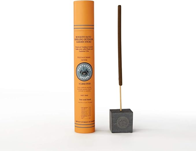 Nantucket Spider Bundle | Garden Repellent Sticks 14 Pack and Incense Stick Holder | Repels Mosquitoes & Flies | Long Lasting | Soapstone Block, Handmade Bamboo Based Sticks, Sun and Sand