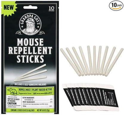 Grandpa Gus's Natural Mouse Repellent Stick, Patented Delivery of Concentrate Peppermint Scent, Plant-Based, Humane Rodent Repellent for Home, Campers & RVs, Pack of 10