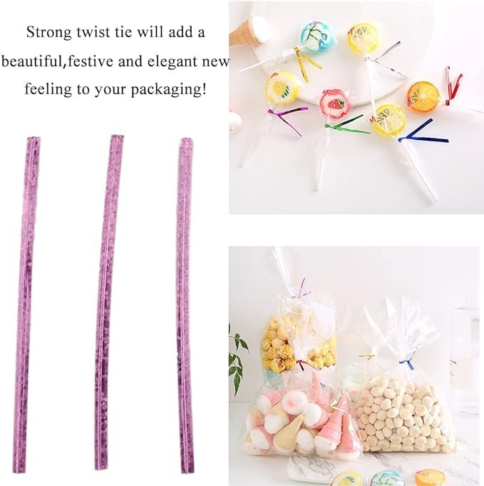HAHIYO 300Pcs 4inches Holographic Pink Metal Twist Ties Bread Candy Coffee Bag Ties Plant Garden Twist Ties for Cellophane Treat Bags Gift Wraping Bags Plastic Bags Party Cake Present Art Crafts