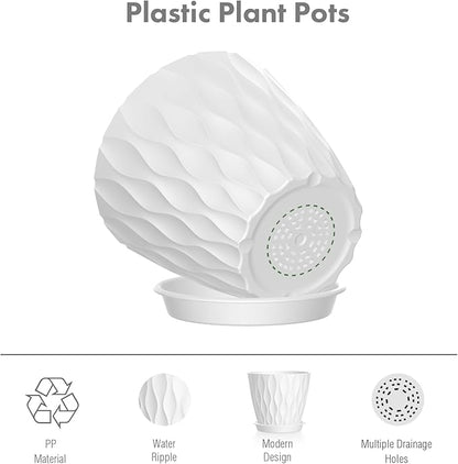 4 inch Small Plastic Nursery Pots, 5 Pack Water Ripples Plant Pots for Indoor Plants, Flower Pots with Drainage Holes and Saucers, Seedling Starter Planters for Succulent Plants, White