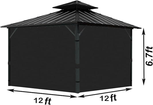 Gazebo Universal Replacement Privacy Curtain, 12'X12' Gazebo Curtains Outdoor Waterproof, 4-Panels Sidewall with Zipper for Patio, Garden and Backyard (Only Curtains, 12'X12', Black)