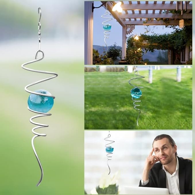 Gazing Ball Spiral Tail Wind Spinner Stabilizer, Garden Decorations Stainless Steel Metal with Hook & Wathet Crystal Glass Orb Outdoor Hanging Decor Kinetic Yard 3D Swivel Art Sun Catchers