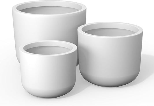 Kante 13",11",9" Dia Pure White Concrete Round Planters (Set of 3), Outdoor Indoor Modern Planter Pots, Lightweight, Weather Resistant, Seamless with Drainage Hole