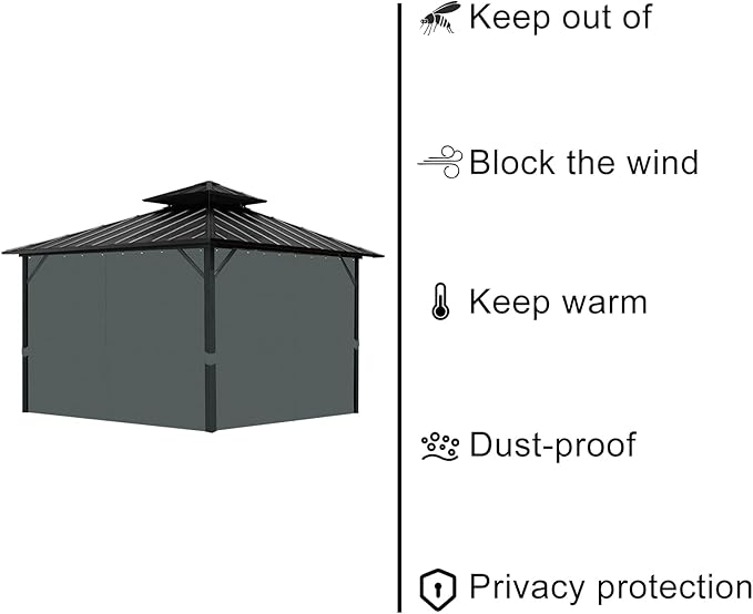 Gazebo Universal Replacement Privacy Curtain, 10'X10' Gazebo Curtain Outdoor Waterproof, 4-Panels Sidewall Curtains with Zipper for Patio, Garden and Backyard (Only Curtains, 10'x10', Grey)