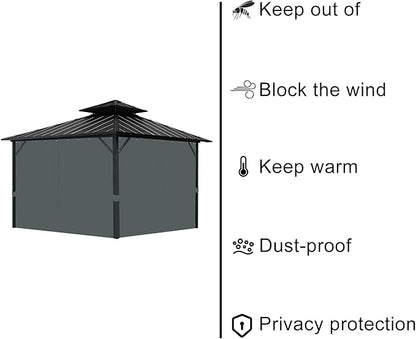 Gazebo Universal Replacement Privacy Curtain, 10'X10' Gazebo Curtain Outdoor Waterproof, 4-Panels Sidewall Curtains with Zipper for Patio, Garden and Backyard (Only Curtains, 10'x10', Grey)