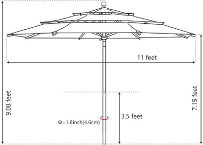 EliteShade USA 10-Year-Non-Fading 11Ft 3 Tiers Market Umbrella Patio Outdoor Cylinder Auto Push-up Table Umbrella with Ventilation, Black
