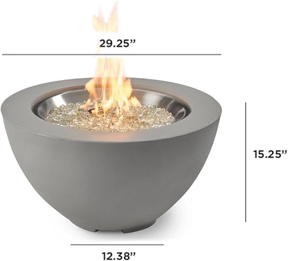 Outdoor GreatRoom Co Propane Fire Pit Table - Cove Gas Fire Pits for Outside Patio - 29 Inch Round Bowl Concrete Firepit Fire Table with Glass Tabletop Cover, Tempered Clear Glass Gems, 80,000 BTU