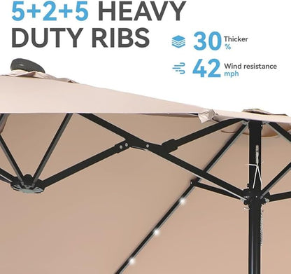 GREEN PARTY 15 ft Rectangle Patio Umbrella with Solar Lights and Base Included, Double-Sided Market Table Umbrella with Crank, Large Outdoor Umbrellas for Patio Poolside Garden Backyard, Beige