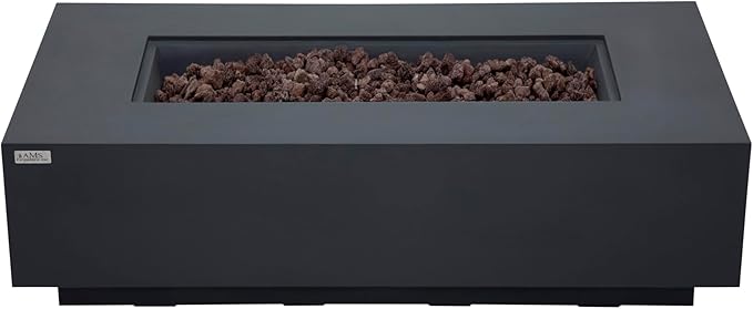 AMS Creations | Madison 60" Rectangular Natural Gas Outdoor Fire Pit Table | Dark Gray Concrete GFRC | Smooth Texture or Surface | Electronic Ignition | Outside Backyard Fireplace