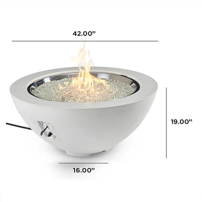 Outdoor GreatRoom Co Propane Fire Pit Table - Cove Gas Fire Pits for Outside Patio - 42 Inch Round Bowl Concrete Firepit Fire Table, Glass Tabletop Cover, Clear Glass Gems, 105,000 BTU - White