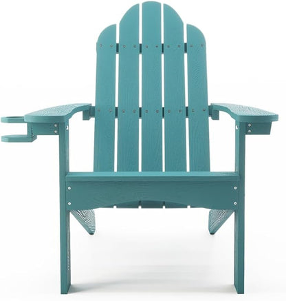 LUE BONA HDPS Adirondack Chairs Set of 4, Fire Pit Outdoor Chair Weather Resistant with Cup Holder, Modern Plastic Chair Plastic for Patio, Deck, Proch, 350LBS, Blue Turquoise