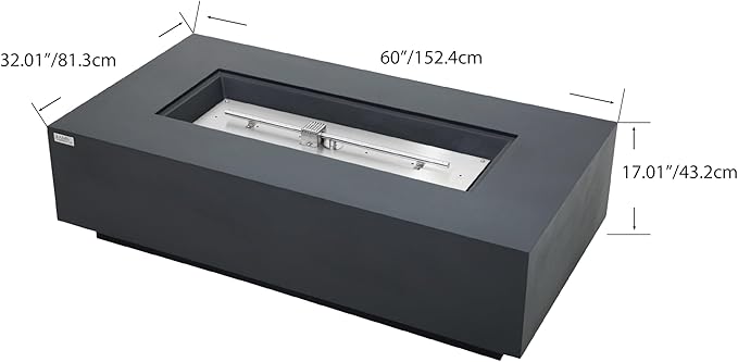 AMS Creations | Madison 60" Bundle Rectangular Propane Gas Outdoor Fire Pit Table | Dark Gray Concrete GFRC | Smooth Texture or Surface | Electronic Ignition | Outside Backyard Fireplace