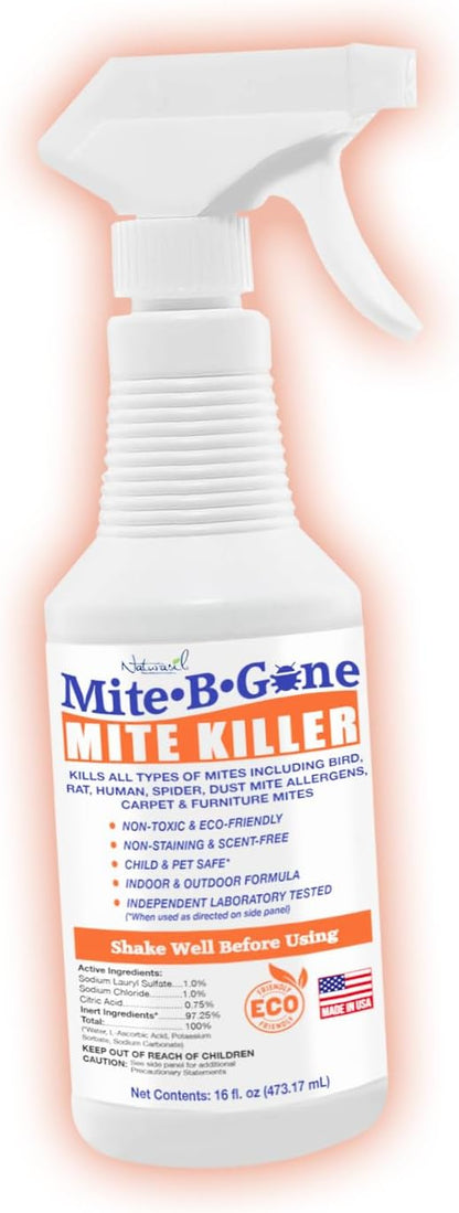 Mite Killer Spray by Mite-B-Gone — Kills Human Mites, Bird, Dust, Spider, Rat, Turkey, Carpet Mites. Treatment for Homes, Furniture, Bedding, Auto & Animals | Non-Toxic | Kid & Pet Safe | 16oz Spray