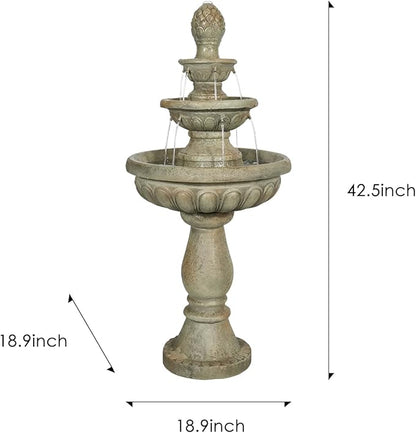 SunJet 42.5” High 3-Tiers Modern Concrete Outdoor Water Fountain - Round Large Outdoor Fountains and Waterfalls for Garden, Patio, Yard, and Deck Decor, Featuring Natural Stone Look