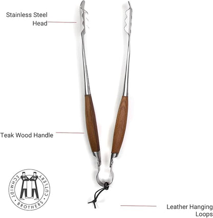 Schmidt Brothers - BBQ Bonded Teak 4 Piece Grilling Accessory Set, Full-Forged Stainless Steel Grilling Utensils Including Spatula, Fork, Basting Brush, and Tongs with All Wood Handles