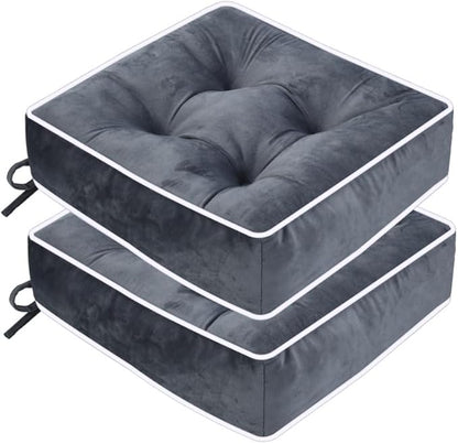 ERWUDEling Set of 2 Tufted Waterproof Outdoor Chair Cushions - 19x19x5 inchThick Patio Seat Pads with Ties for Lawn, Wicker & Garden Furniture,Gray