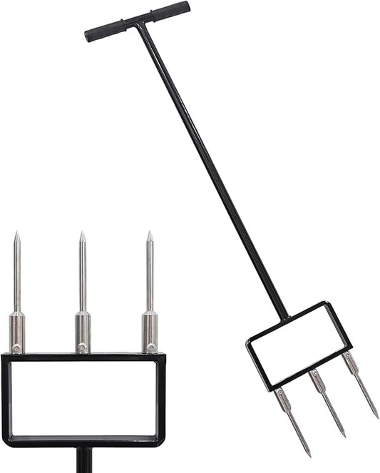 Lawn Aerator, Core Aerator Lawn Tool, Stainless Steel 3-Corer Lawn Hand Aeration – Manual Yard Plug Aerator for Compacted Garden Soil, Garden Care, Gardening Core Aeration Tool (Spike Tine)