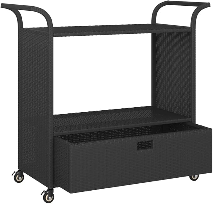 Outdoor Rolling Wicker Bar Cart with Drawer, Portable Bar Cart with Wheels, Patio Kitchen Island Cart for Pool Deck Backyard, Black 39.4"x17.7"x38.2" Poly Rattan -460