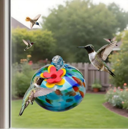 Decorative Glass Wind Chime Type Hummingbird Feeder Hanging Type, Blue with red Floral Design, 6 Hanging Spheres, ant Proof and Sealed, Perfect for Outdoor Garden Decoration.