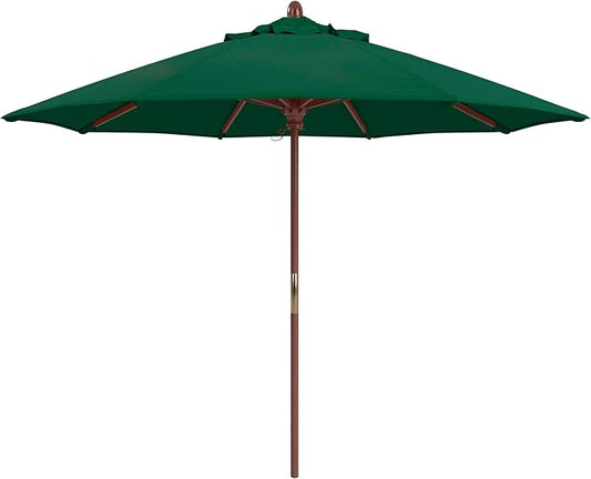 California Umbrella 9' Premium Commercial Hardwood Patio Umbrella, Manual Lift With Sunbrella Forest Green Fabric