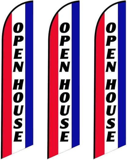 FFN 3-Pack of Open House Feather Banner Flag Kits, Includes Flag Poles, Ground Stakes, and Travel Bags, 15ft Large Outdoor Signs for Real Estate Agents