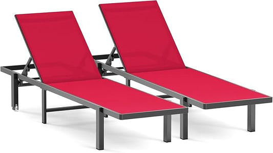 Patio Chaise Lounge Chair Set of 2, Outdoor Lounge Chairs with Wheels, 5-Position Adjustable Sun Loungers for Pool, Deck, Beach,Red