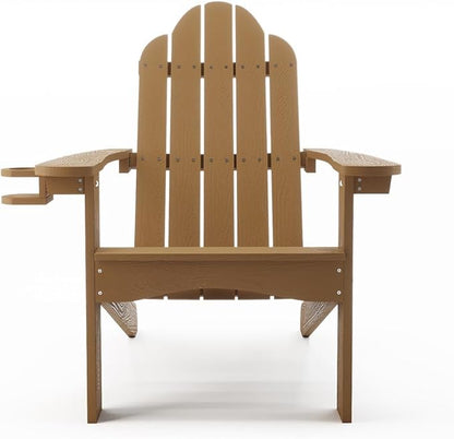 LUE BONA HDPS Adirondack Chairs Set of 2, Fire Pit Outdoor Chair Weather Resistant with Cup Holder, Modern Plastic Chair Plastic for Patio, Deck, Proch, 350LBS, Brown
