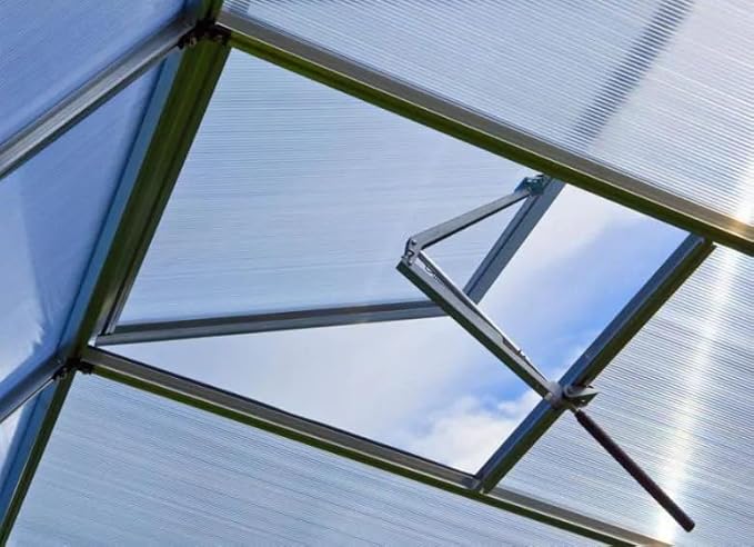 Greenhouse Diamas 24 Premium 7.7 x 15.1 ft with Approx. 16 mm Polycarbonate Panels, Natural Aluminum Color, with 2 Automatic Vent Openers